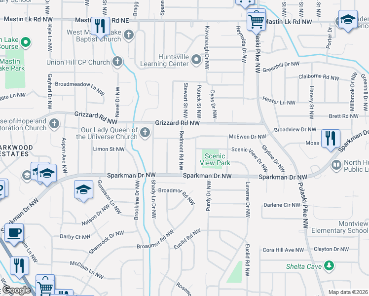 map of restaurants, bars, coffee shops, grocery stores, and more near 2419 Redmont Road Northwest in Huntsville
