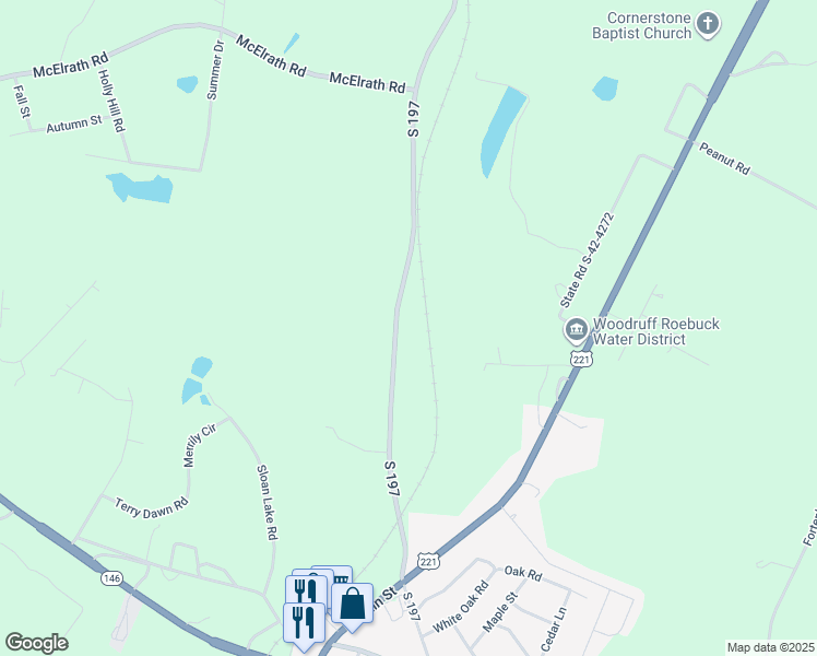 map of restaurants, bars, coffee shops, grocery stores, and more near 1136 Old Spartanburg Highway in Woodruff