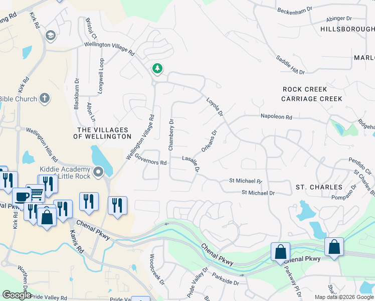 map of restaurants, bars, coffee shops, grocery stores, and more near 9 Bordeaux Court in Little Rock