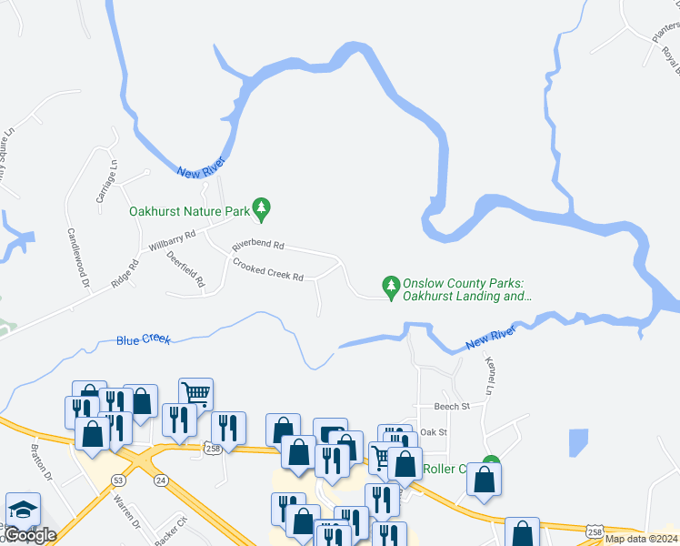 map of restaurants, bars, coffee shops, grocery stores, and more near 222 Crooked Creek Road in Jacksonville