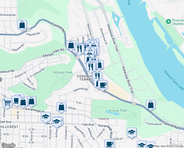map of restaurants, bars, coffee shops, grocery stores, and more near 1301 Rebsamen Park Road in Little Rock