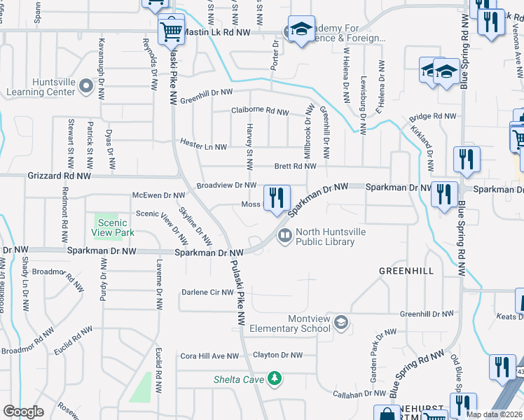 map of restaurants, bars, coffee shops, grocery stores, and more near 2811 Moss Road Northwest in Huntsville