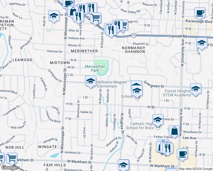map of restaurants, bars, coffee shops, grocery stores, and more near 1120 Mellon Street in Little Rock