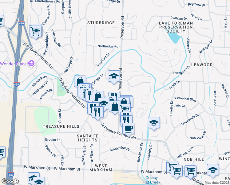 map of restaurants, bars, coffee shops, grocery stores, and more near 6 Towne Park Court in Little Rock