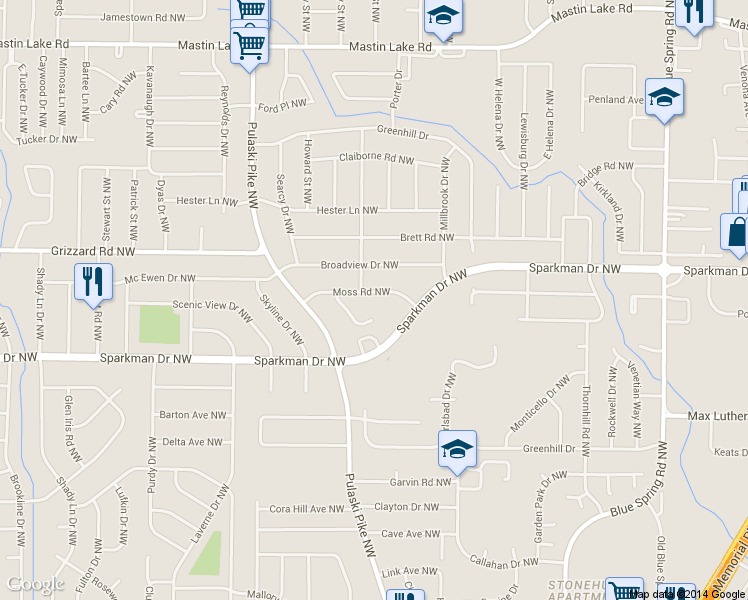 map of restaurants, bars, coffee shops, grocery stores, and more near 2811 Moss Road Northwest in Huntsville