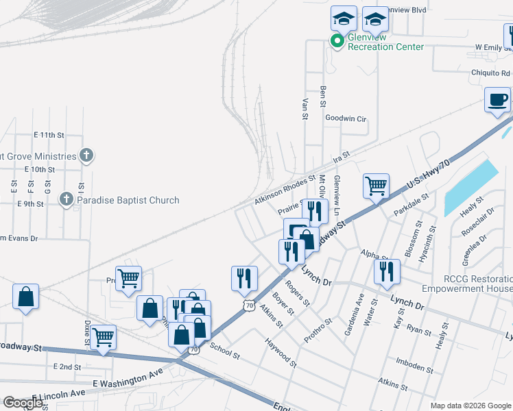 map of restaurants, bars, coffee shops, grocery stores, and more near 322 Short Street in North Little Rock