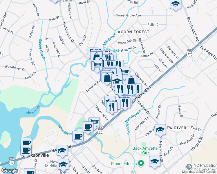 map of restaurants, bars, coffee shops, grocery stores, and more near 205 Henderson Drive in Jacksonville