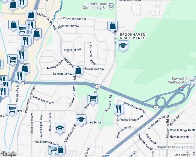 map of restaurants, bars, coffee shops, grocery stores, and more near 2900 Countess Street Northwest in Huntsville