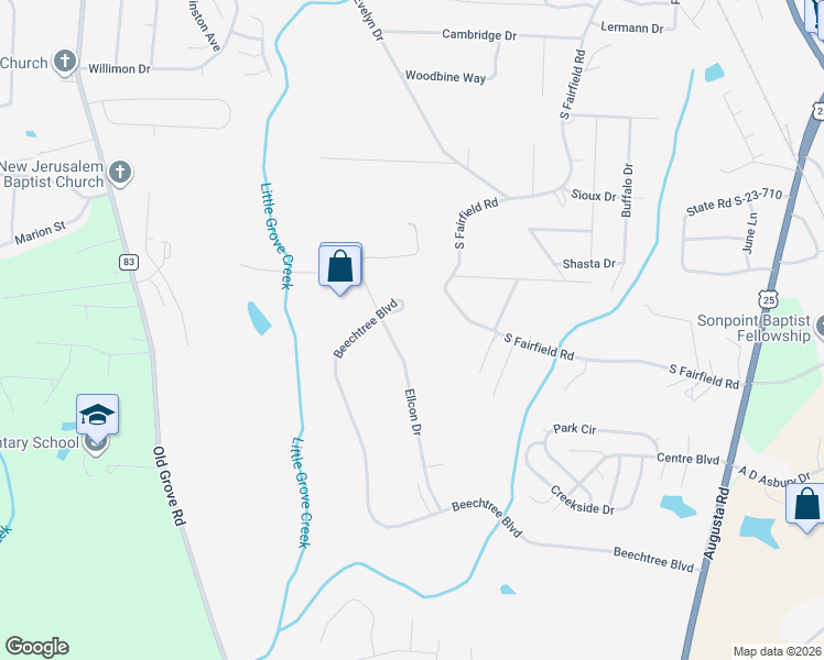 map of restaurants, bars, coffee shops, grocery stores, and more near 20 Ellcon Drive in Greenville