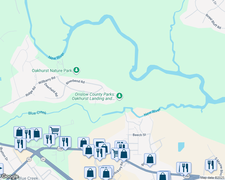 map of restaurants, bars, coffee shops, grocery stores, and more near 237 River Bend Road in Jacksonville