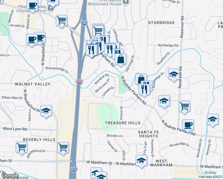 map of restaurants, bars, coffee shops, grocery stores, and more near 10 Connell Drive in Little Rock