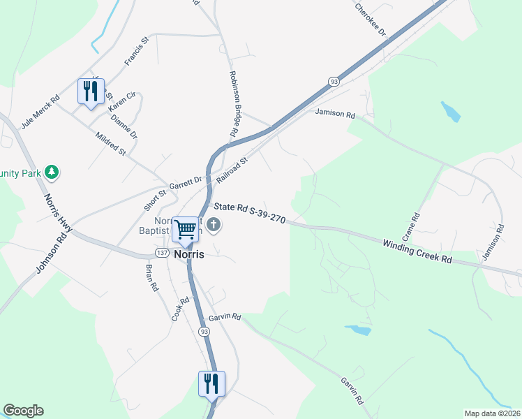 map of restaurants, bars, coffee shops, grocery stores, and more near 145 Winding Creek Road in Liberty