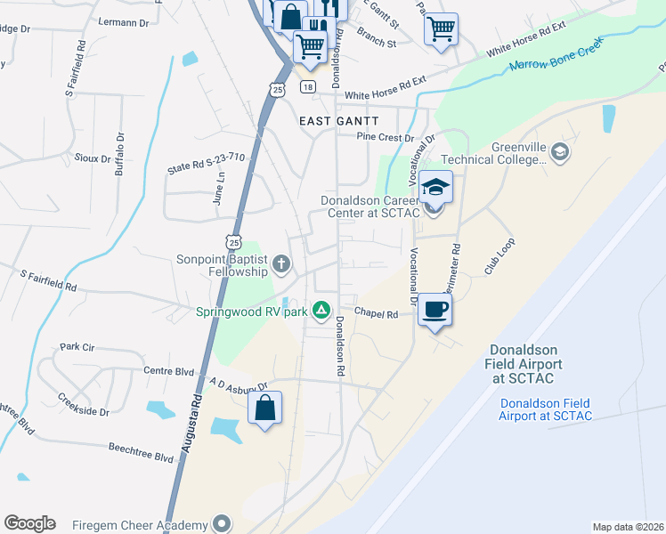 map of restaurants, bars, coffee shops, grocery stores, and more near 600 Donaldson Road in Greenville