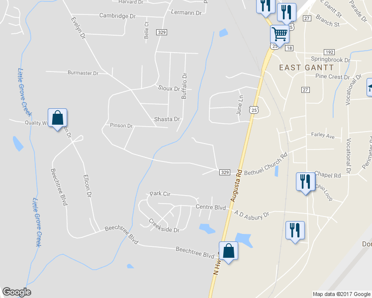 map of restaurants, bars, coffee shops, grocery stores, and more near 425 South Fairfield Road in Greenville