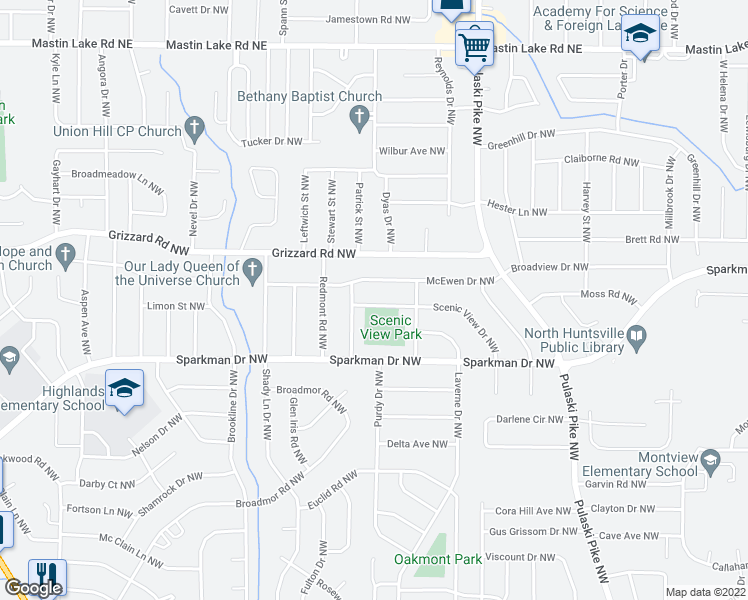 map of restaurants, bars, coffee shops, grocery stores, and more near 2710 Scenic View Drive Northwest in Huntsville