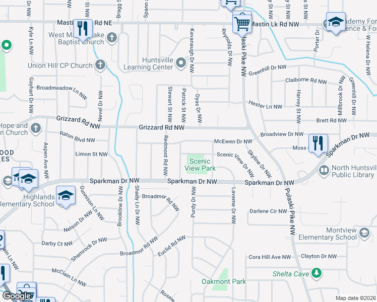 map of restaurants, bars, coffee shops, grocery stores, and more near 2614 Landsdale Drive Northwest in Huntsville