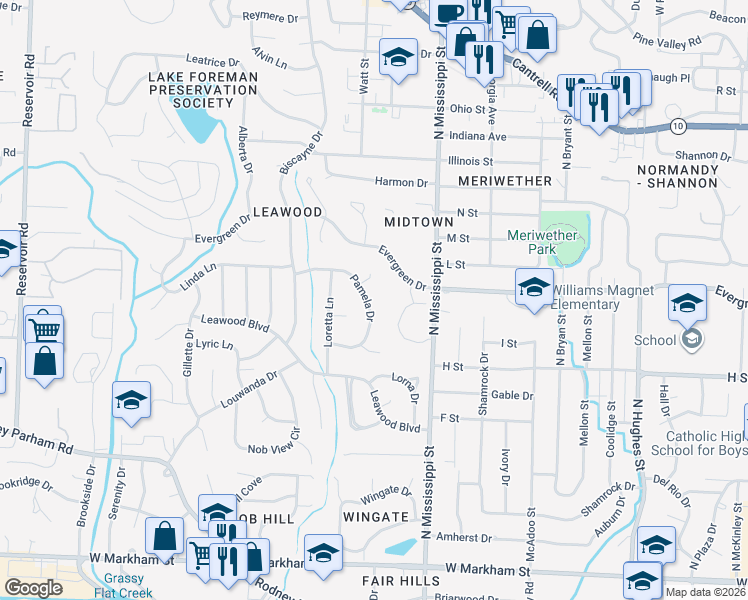 map of restaurants, bars, coffee shops, grocery stores, and more near 23 Pamela Drive in Little Rock