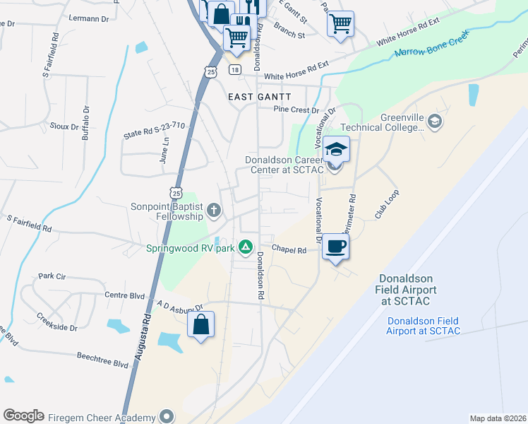 map of restaurants, bars, coffee shops, grocery stores, and more near 600 Donaldson Road in Greenville