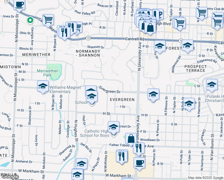 map of restaurants, bars, coffee shops, grocery stores, and more near 7 McKinley Circle in Little Rock