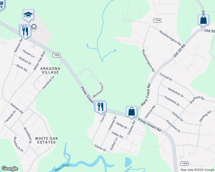 map of restaurants, bars, coffee shops, grocery stores, and more near 1016 Birchwood Lane in Jacksonville