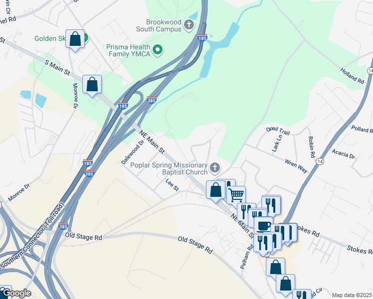 map of restaurants, bars, coffee shops, grocery stores, and more near 103 Beechwood Drive in Simpsonville