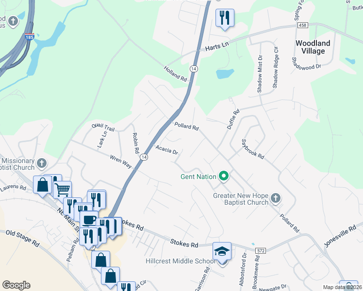 map of restaurants, bars, coffee shops, grocery stores, and more near 105 Raleigh Court in Simpsonville
