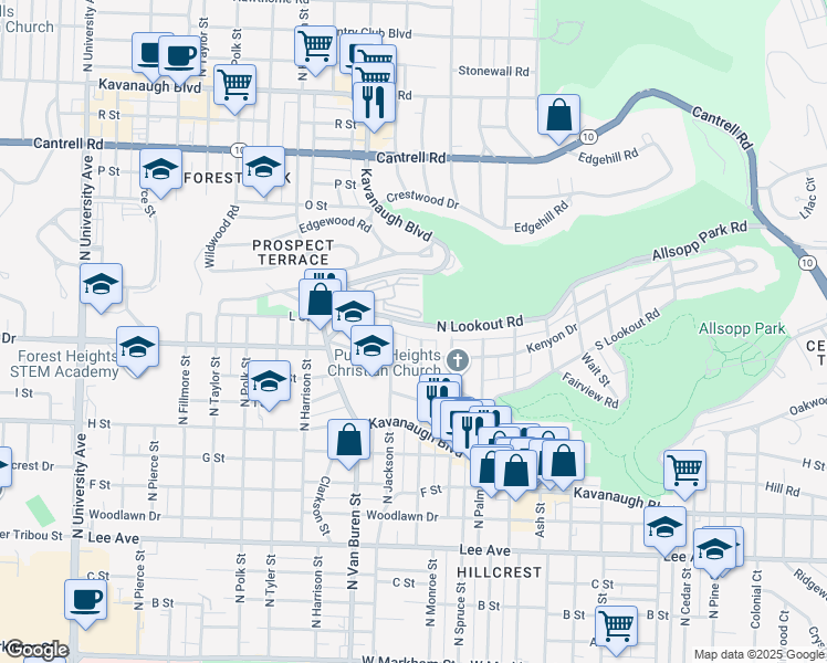 map of restaurants, bars, coffee shops, grocery stores, and more near 4905 North Lookout Road in Little Rock