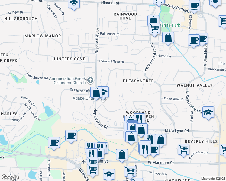 map of restaurants, bars, coffee shops, grocery stores, and more near 22 Painted Turtle Cove in Little Rock