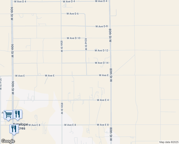 map of restaurants, bars, coffee shops, grocery stores, and more near 8155 West Avenue E in Lancaster