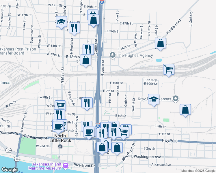 map of restaurants, bars, coffee shops, grocery stores, and more near 912 Campus Street in North Little Rock