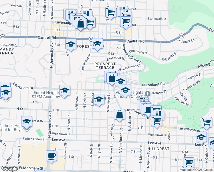 map of restaurants, bars, coffee shops, grocery stores, and more near 1218 North Harrison Street in Little Rock