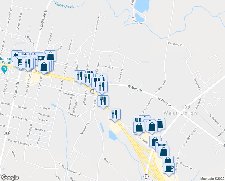 map of restaurants, bars, coffee shops, grocery stores, and more near 395 Highland Glen Court in Walhalla