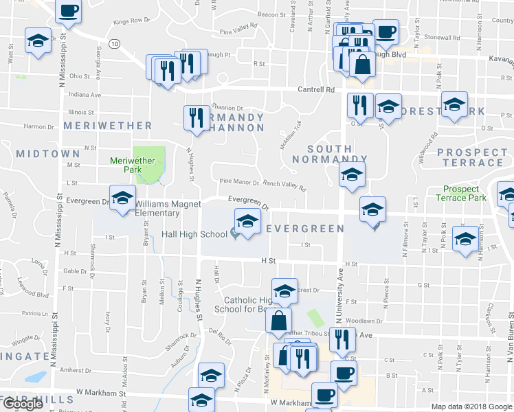 map of restaurants, bars, coffee shops, grocery stores, and more near 6515 Evergreen Drive in Little Rock
