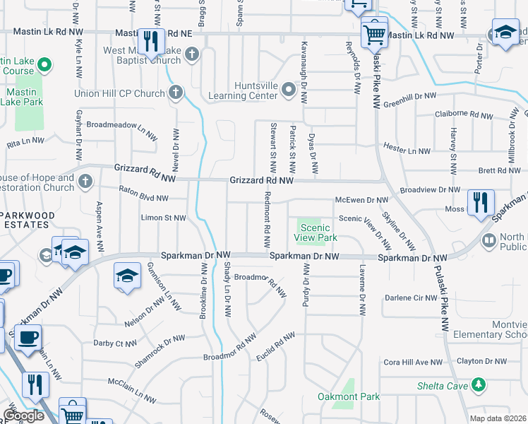 map of restaurants, bars, coffee shops, grocery stores, and more near 2419 Redmont Road Northwest in Huntsville