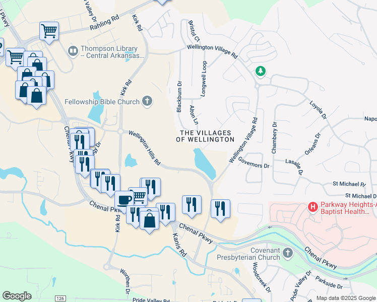 map of restaurants, bars, coffee shops, grocery stores, and more near 701 Wellington Hills Road in Little Rock