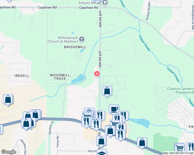 map of restaurants, bars, coffee shops, grocery stores, and more near 322 Jeff Road Northwest in Huntsville