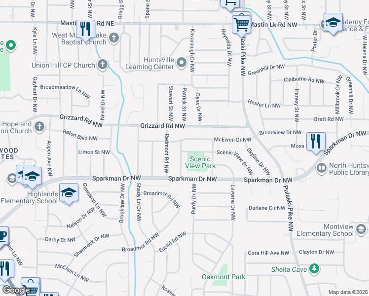 map of restaurants, bars, coffee shops, grocery stores, and more near 2614 Landsdale Drive Northwest in Huntsville