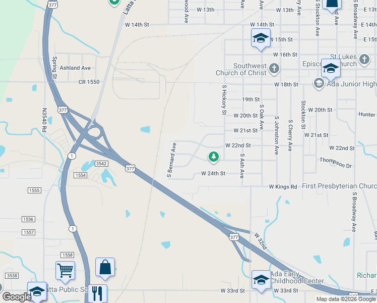 map of restaurants, bars, coffee shops, grocery stores, and more near 904 West 23rd Street in Ada