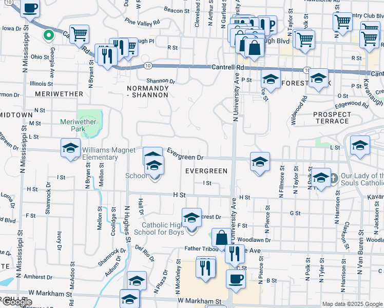 map of restaurants, bars, coffee shops, grocery stores, and more near 7 McKinley Circle in Little Rock
