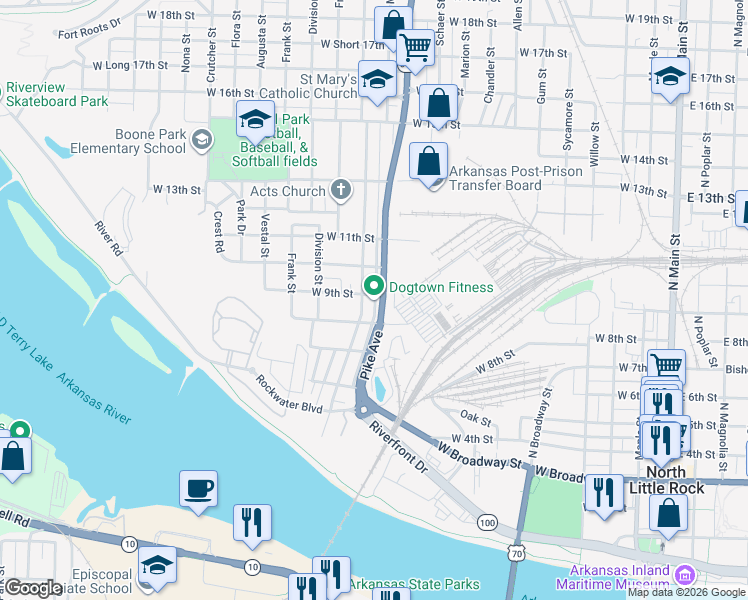 map of restaurants, bars, coffee shops, grocery stores, and more near 825 Pike Avenue in North Little Rock