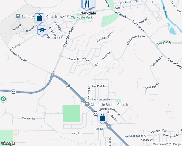 map of restaurants, bars, coffee shops, grocery stores, and more near 535 Cleopatra Hill Road in Clarkdale