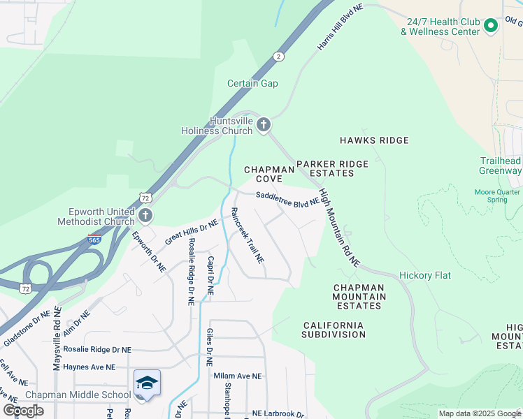 map of restaurants, bars, coffee shops, grocery stores, and more near 2128 Greenslope Trail Northeast in Huntsville