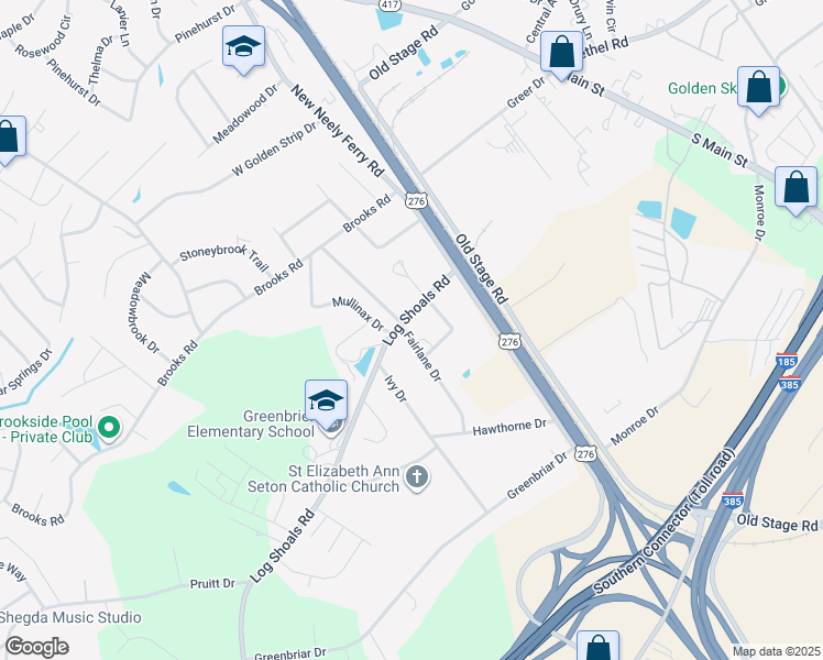 map of restaurants, bars, coffee shops, grocery stores, and more near 1006 Log Shoals Road in Mauldin