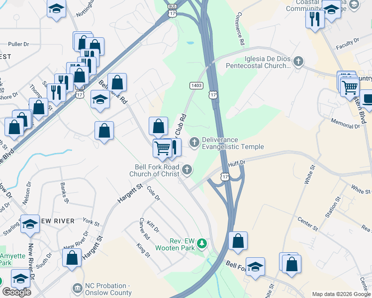 map of restaurants, bars, coffee shops, grocery stores, and more near 188 Country Club Road in Jacksonville