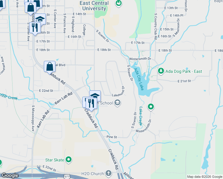 map of restaurants, bars, coffee shops, grocery stores, and more near 1316 Lakehurst Drive in Ada