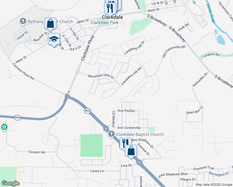 map of restaurants, bars, coffee shops, grocery stores, and more near 535 Cleopatra Hill Road in Clarkdale