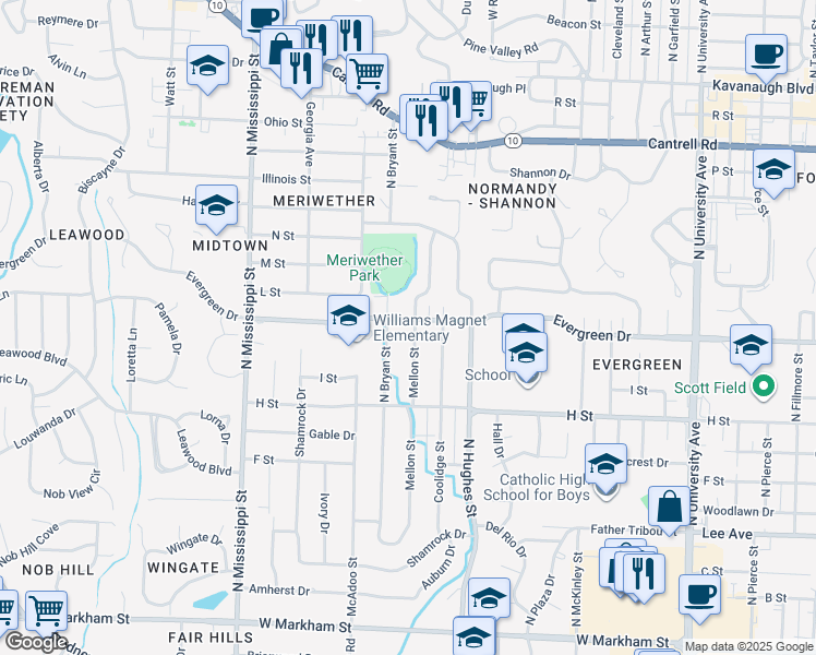 map of restaurants, bars, coffee shops, grocery stores, and more near 1120 Mellon Street in Little Rock