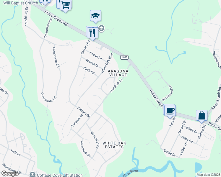 map of restaurants, bars, coffee shops, grocery stores, and more near 212 Hemlock Drive in Jacksonville