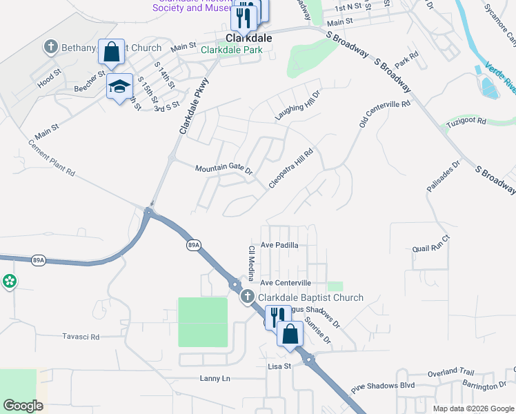 map of restaurants, bars, coffee shops, grocery stores, and more near 535 Cleopatra Hill Road in Clarkdale