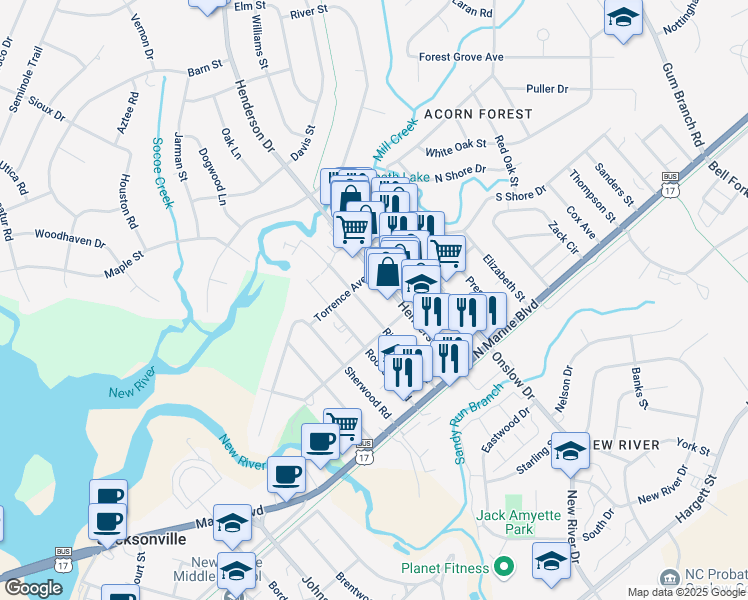 map of restaurants, bars, coffee shops, grocery stores, and more near 212 Richlands Avenue in Jacksonville